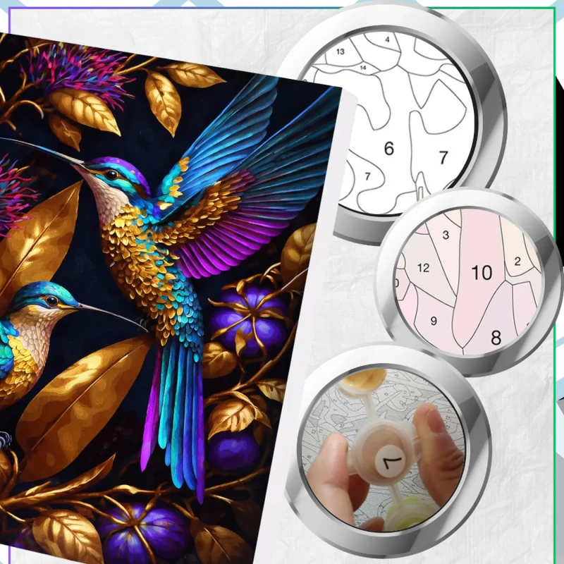 Malowanie po numerach z ramą 40 x 50cm obraz na płótnie Kolorowe Kolibry na Złotych Liściach 6.webp