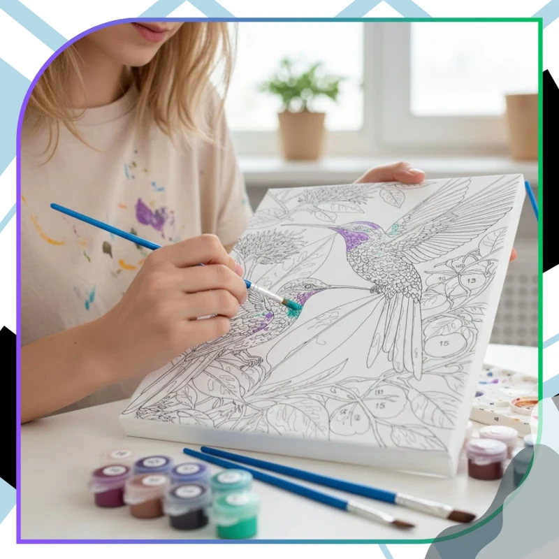 Malowanie po numerach z ramą 40 x 50cm obraz na płótnie Kolorowe Kolibry na Złotych Liściach 10.webp