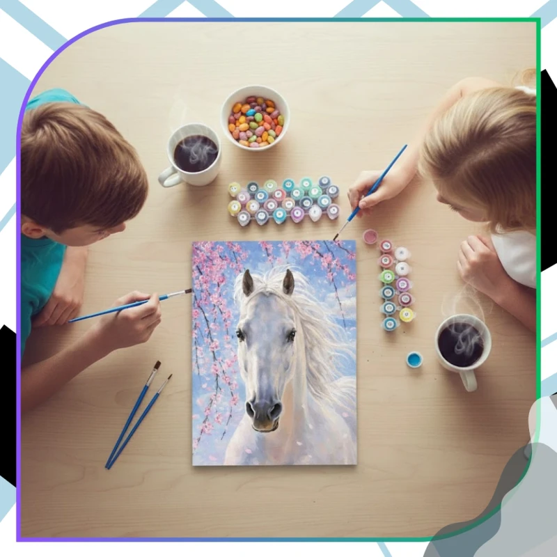 Malowanie po numerach z ramą 40 x 50cm obraz na płótnie Biały Koń w Kwiatach 10.webp