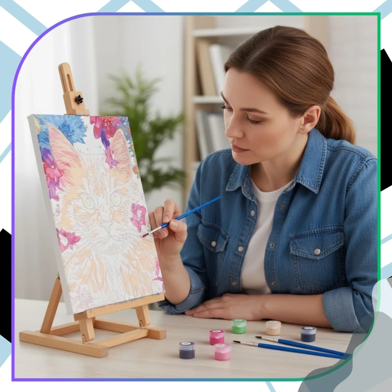 Malowanie po numerach z ramą 40 x 50cm obraz na płótnie Kolorowy Kot w Kwiatach 10.webp