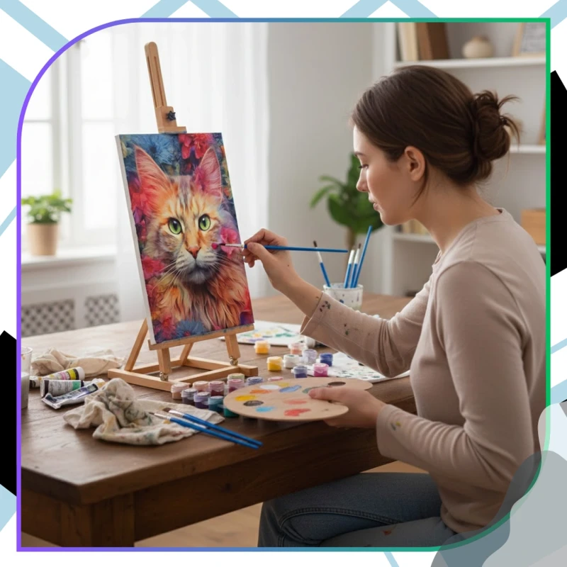 Malowanie po numerach z ramą 40 x 50cm obraz na płótnie Kolorowy Kot w Kwiatach 12.webp