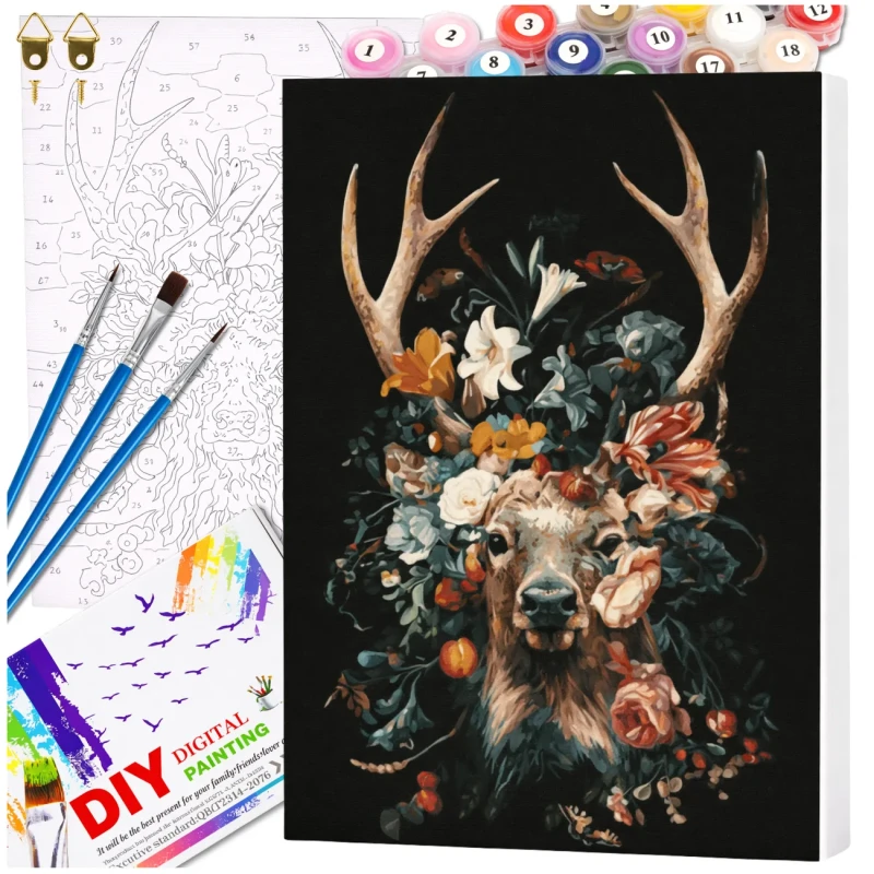 Malowanie po numerach z ramą 40 x 50cm obraz na płótnie Jeleń w Kwiatach 2.webp