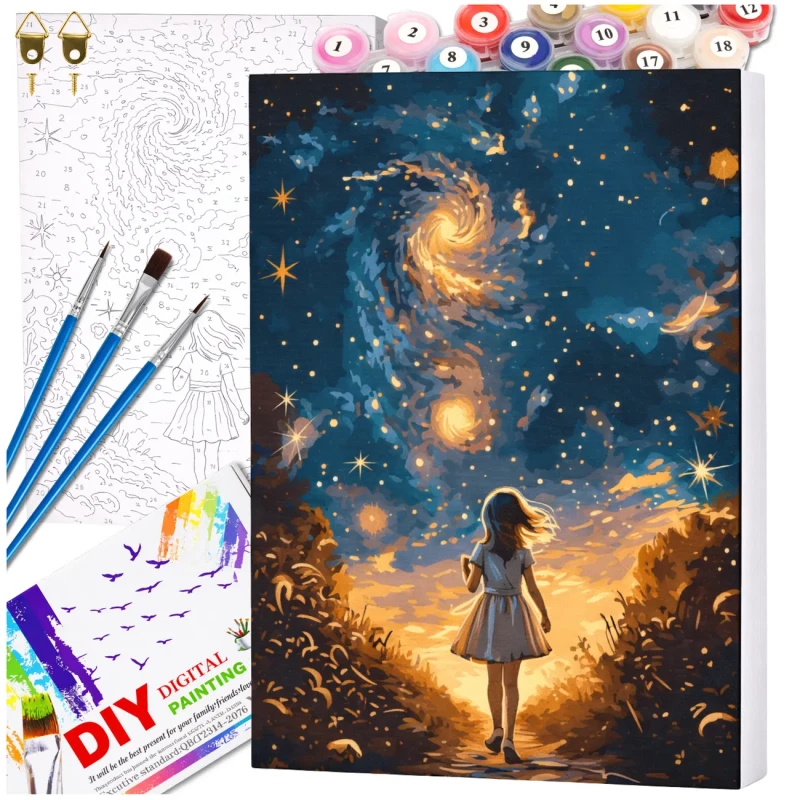 Malowanie po numerach z ramą 40 x 50cm obraz na płótnie Dziewczynka pod Gwiazdami 2.webp