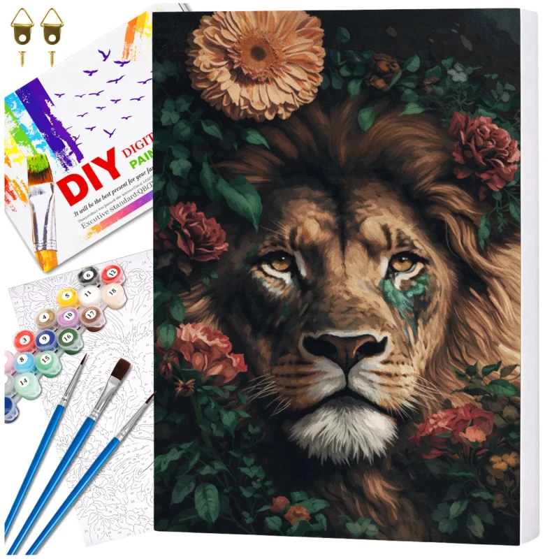 Malowanie po numerach z ramą 40 x 50cm obraz na płótnie Lew w Kwiatach 1.webp