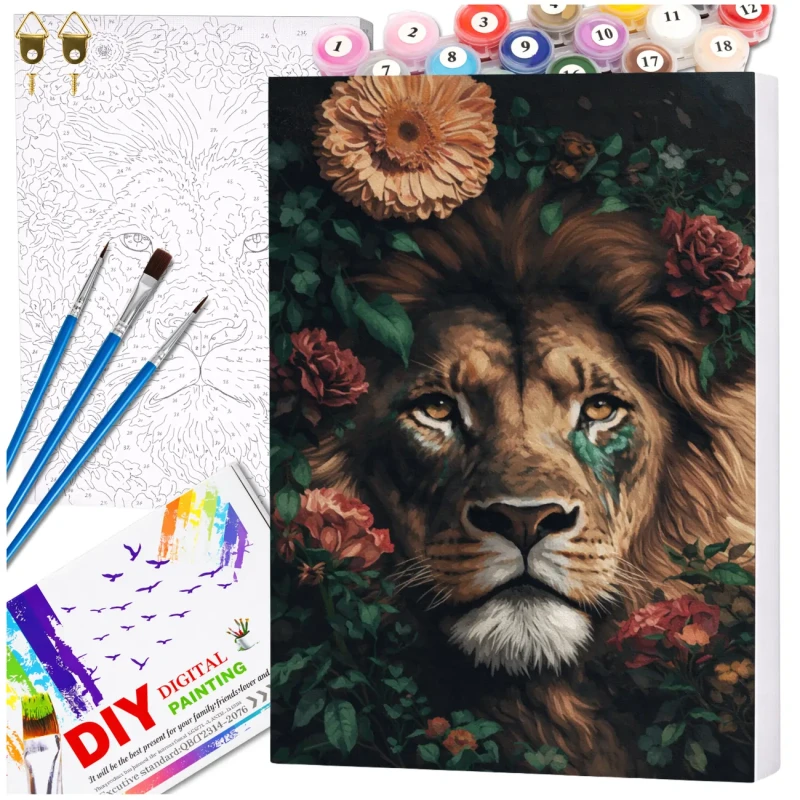 Malowanie po numerach z ramą 40 x 50cm obraz na płótnie Lew w Kwiatach 2.webp