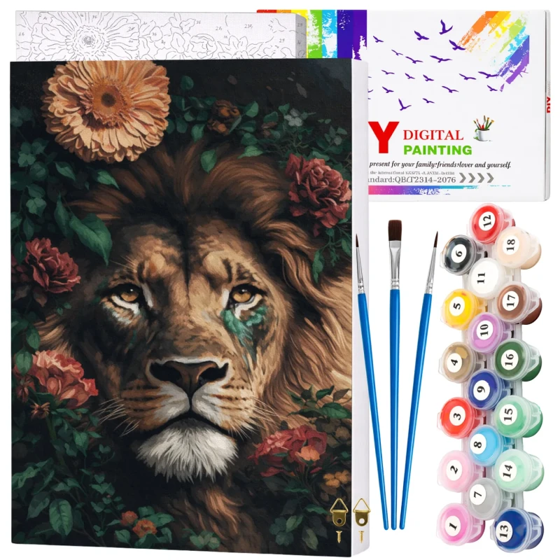 Malowanie po numerach z ramą 40 x 50cm obraz na płótnie Lew w Kwiatach 5.webp