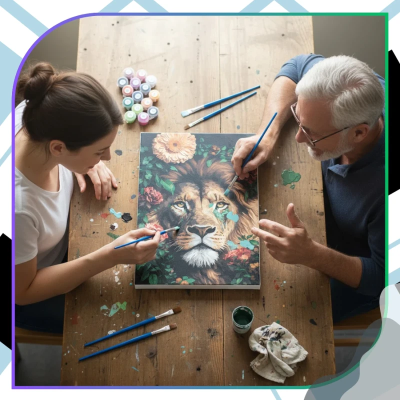 Malowanie po numerach z ramą 40 x 50cm obraz na płótnie Lew w Kwiatach 12.webp