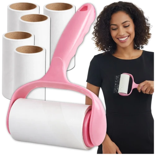 Rolka wałek do czyszczenia ubrań do usuwania sierści zwierząt oraz włosów różowa 5 szt