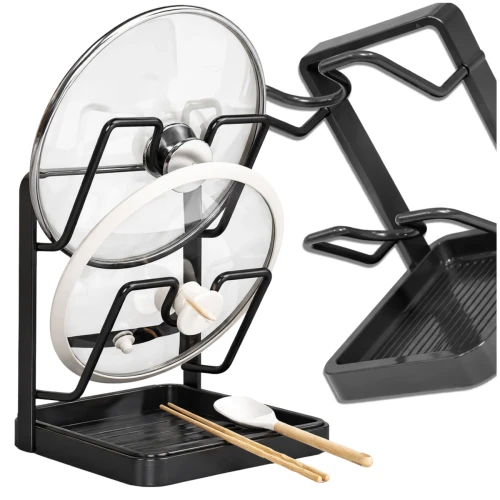 Stojak kuchenny na pokrywki deski wielofunkcyjny metalowy podpórka na łyżki przybory czarny