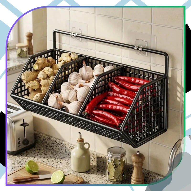 Czarny wiszący koszyk ścienny 3 przegrody organizer bez wiercenia5.webp