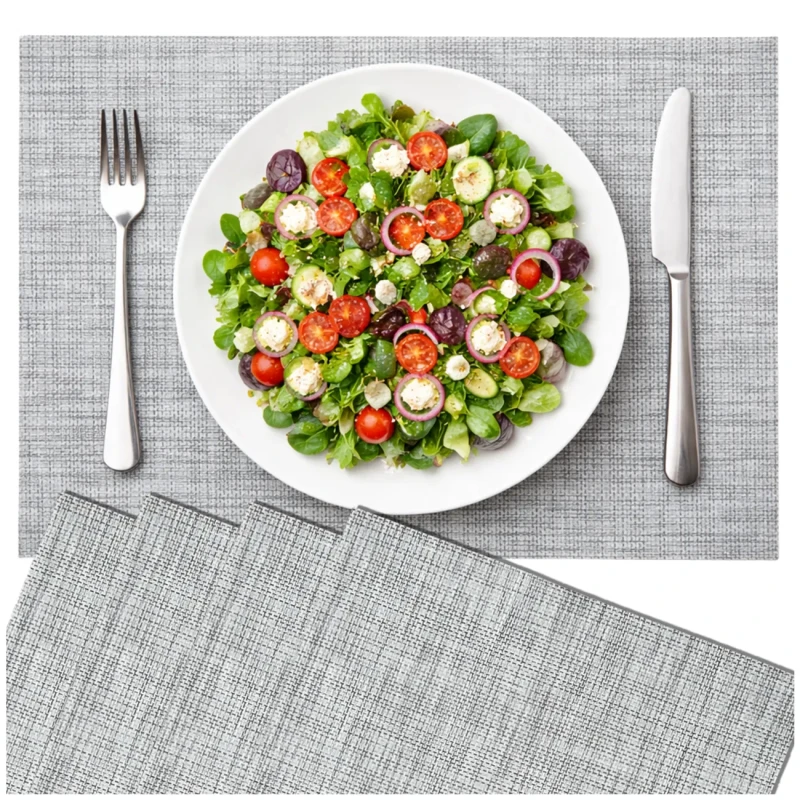 Szare podkładki na stół PVC mata stołowa tkana zestaw 4 sztuki 45x30 cm2.webp