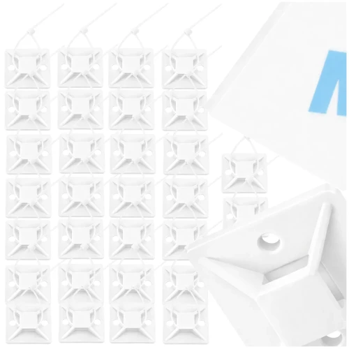 Zestaw 30 sztuk białych uchwytów na kable samoprzylepnych 40x40