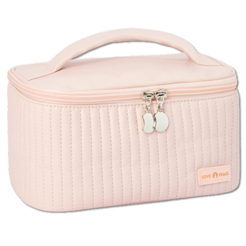 Kosmetyczka kwadratowa różowa elegancka organizer z eko skóry1.webp