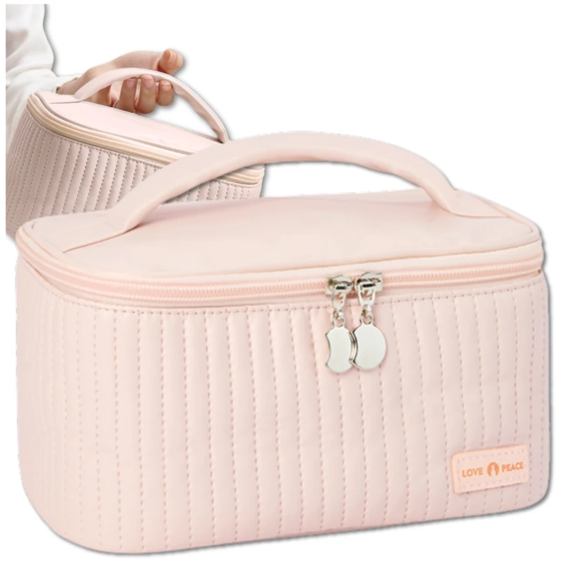 Kosmetyczka kwadratowa różowa elegancka organizer z eko skóry2.webp