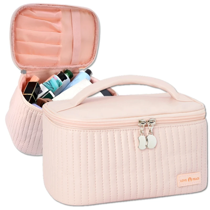 Kosmetyczka kwadratowa różowa elegancka organizer z eko skóry3.webp