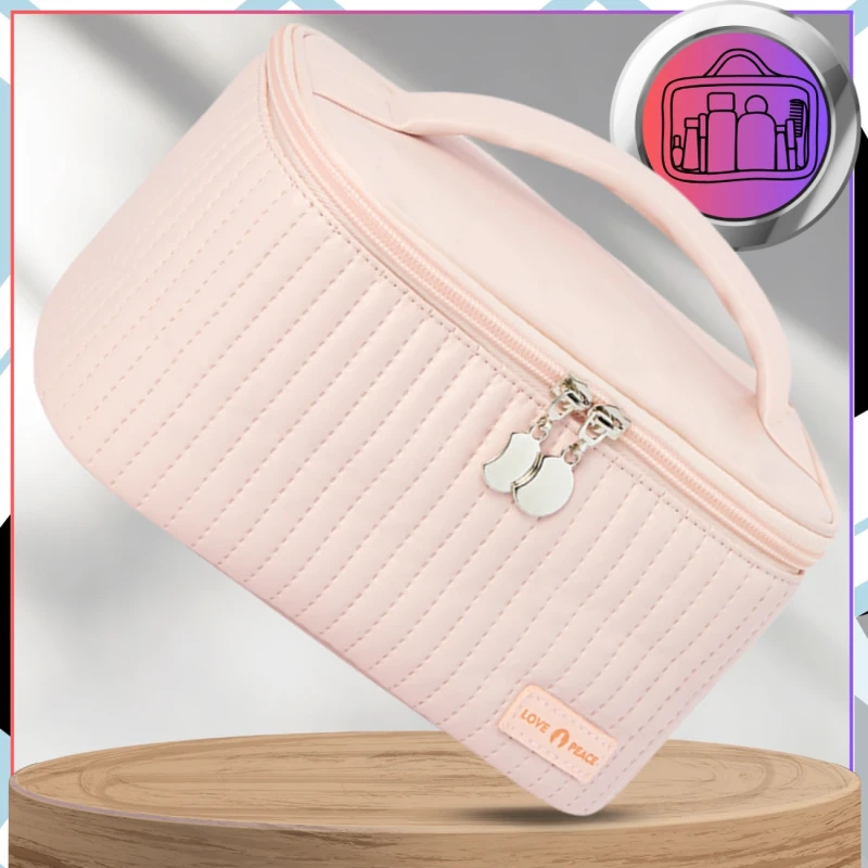 Kosmetyczka kwadratowa różowa elegancka organizer z eko skóry5.webp