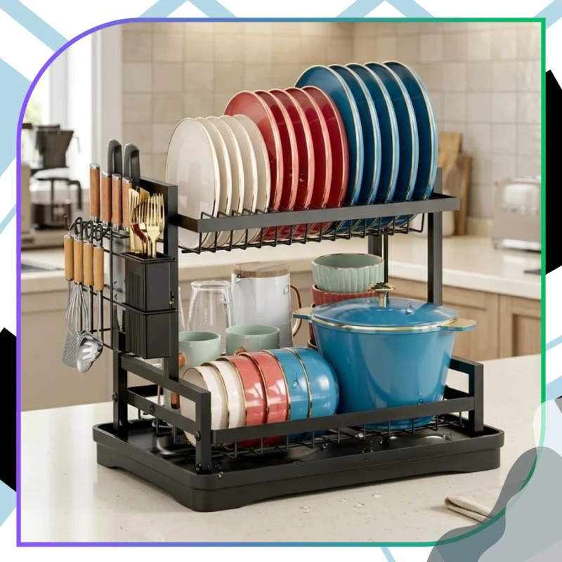 Suszarka Do Naczyń Dwupoziomowa Organizer Kuchenny Ociekacz Czarny7.webp