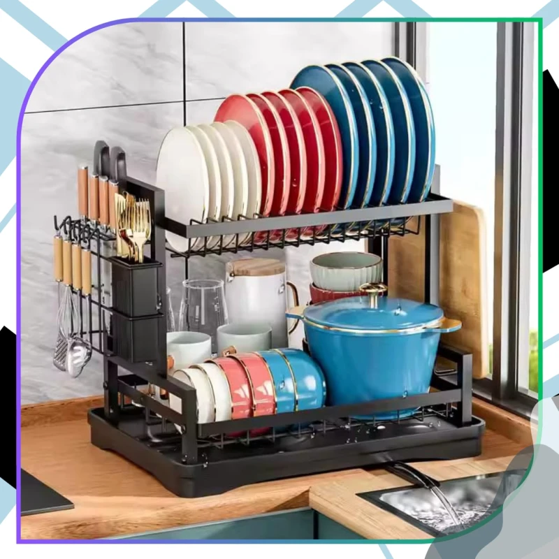Suszarka Do Naczyń Dwupoziomowa Organizer Kuchenny Ociekacz Czarny8.webp