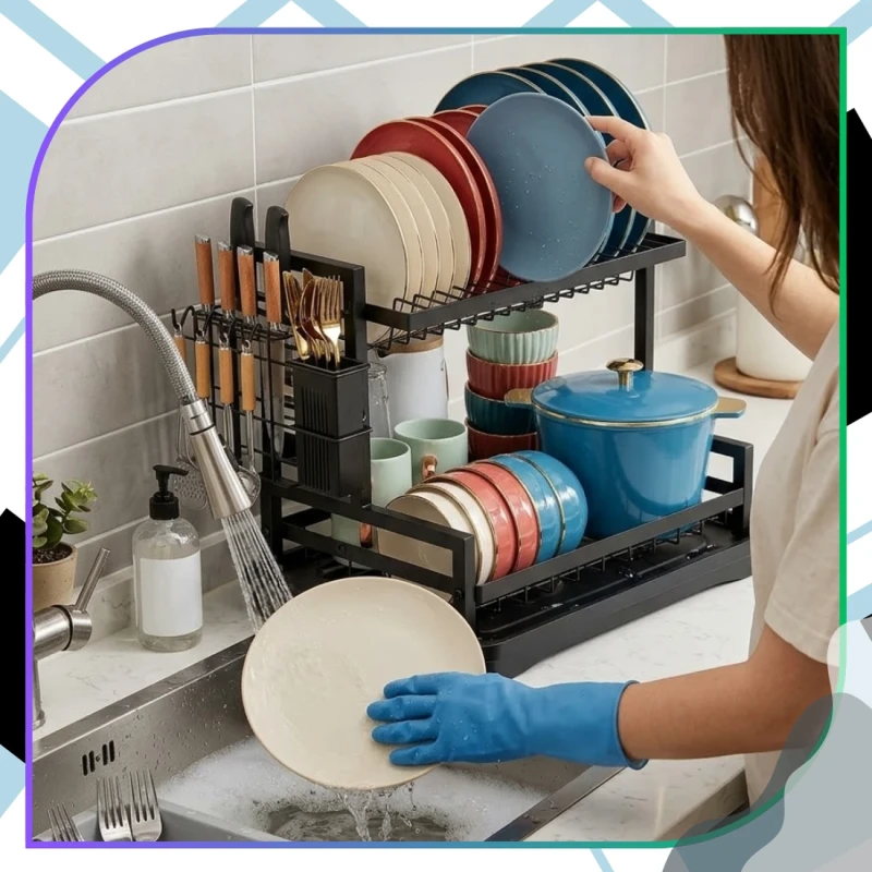 Suszarka Do Naczyń Dwupoziomowa Organizer Kuchenny Ociekacz Czarny10.webp