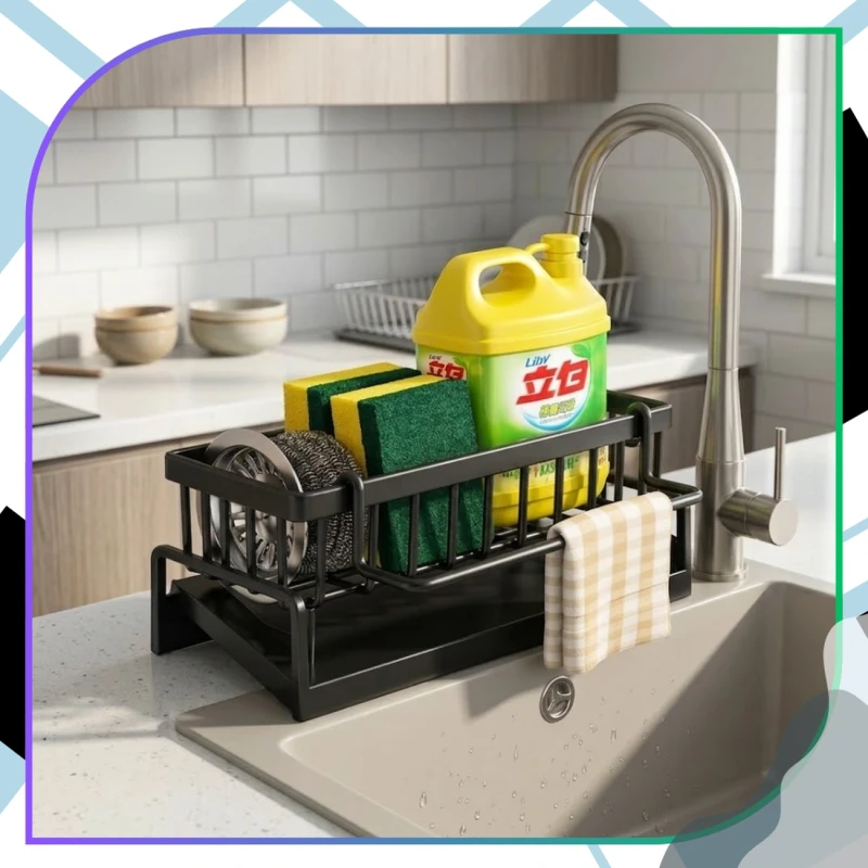 Organizer Do Zlewu Suszarka Na Gąbki Dozownik Stojak Czarny6.webp