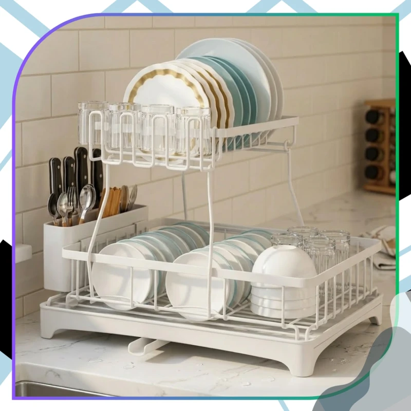 Suszarka Do Naczyń Biała Dwupoziomowa Ociekacz Organizer 44x31 cm5.webp