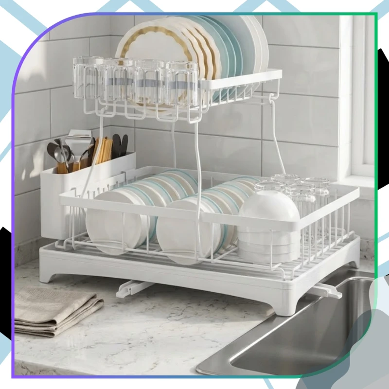 Suszarka Do Naczyń Biała Dwupoziomowa Ociekacz Organizer 44x31 cm7.webp