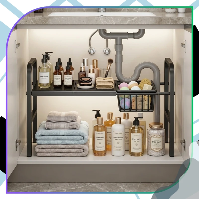 Regał Pod Zlew Rozsuwany Organizer Kuchenny Półka 53–88 cm Czarna7.webp