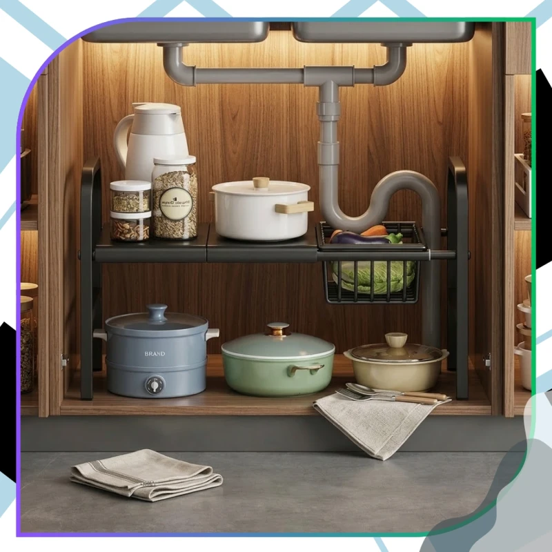 Regał Pod Zlew Rozsuwany Organizer Kuchenny Półka 53–88 cm Czarna8.webp