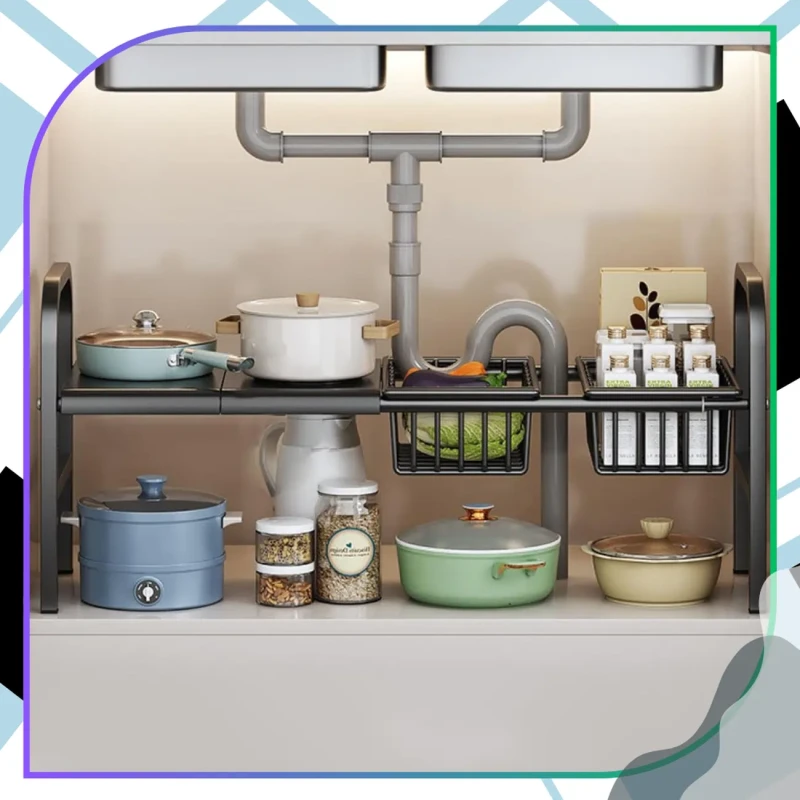 Organizer Pod Zlew Rozsuwany 69–88 cm 2 Półki + 2 Kosze Czarny6.webp