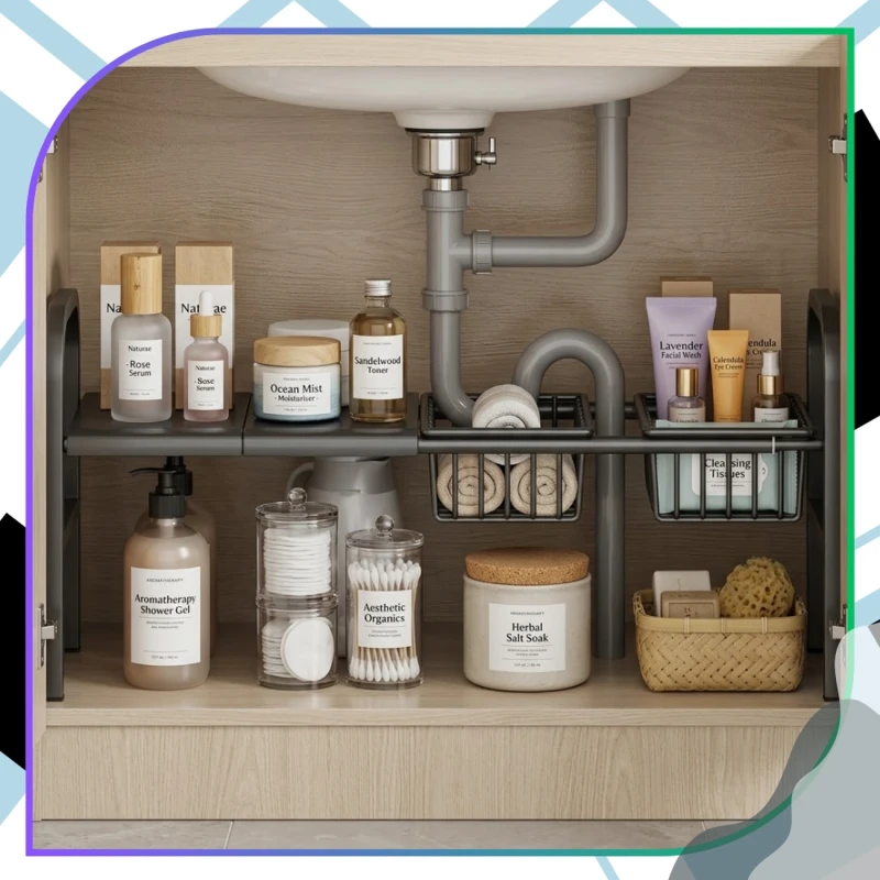 Organizer Pod Zlew Rozsuwany 69–88 cm 2 Półki + 2 Kosze Czarny7.webp