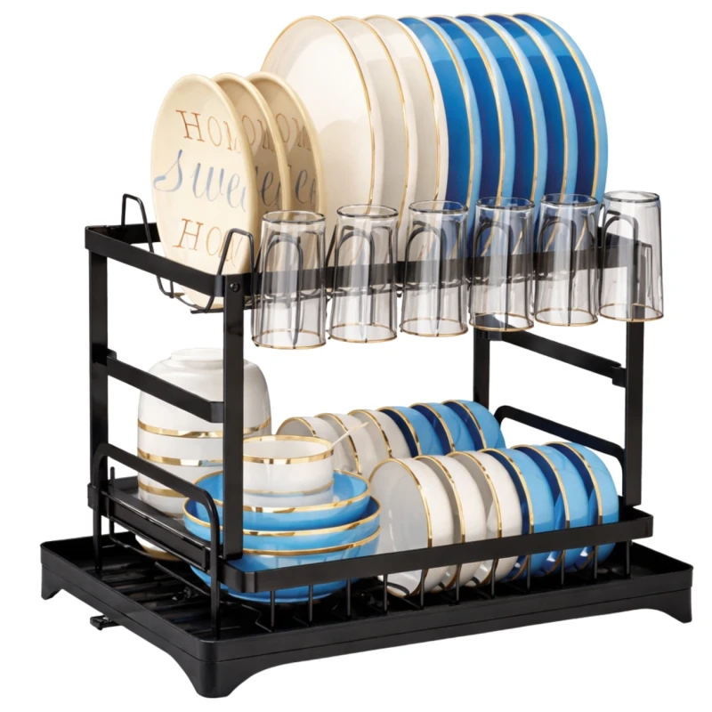 Suszarka Do Naczyń 42x29 cm Dwupoziomowa Czarna Organizer Kuchenny 1.webp