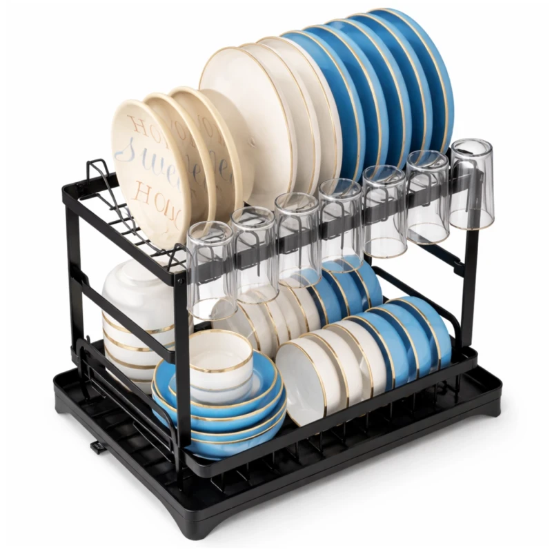 Suszarka Do Naczyń 42x29 cm Dwupoziomowa Czarna Organizer Kuchenny 3.webp