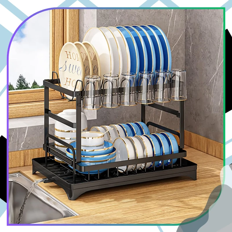 Suszarka Do Naczyń 42x29 cm Dwupoziomowa Czarna Organizer Kuchenny 6.webp