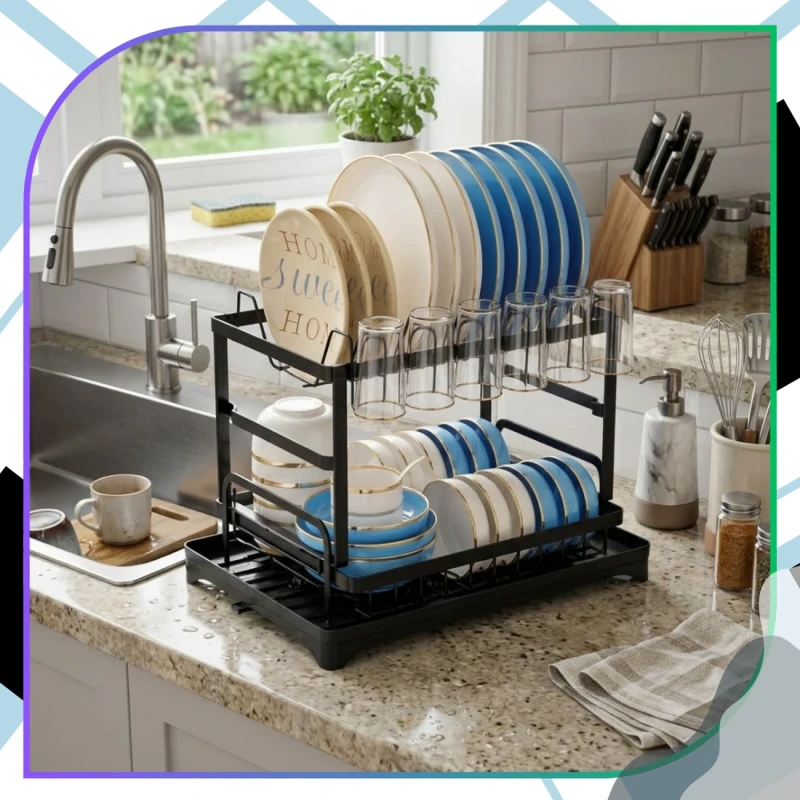 Suszarka Do Naczyń 42x29 cm Dwupoziomowa Czarna Organizer Kuchenny 7.webp