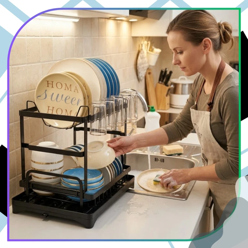 Suszarka Do Naczyń 42x29 cm Dwupoziomowa Czarna Organizer Kuchenny 8.webp