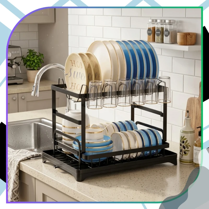 Suszarka Do Naczyń 42x29 cm Dwupoziomowa Czarna Organizer Kuchenny 9.webp