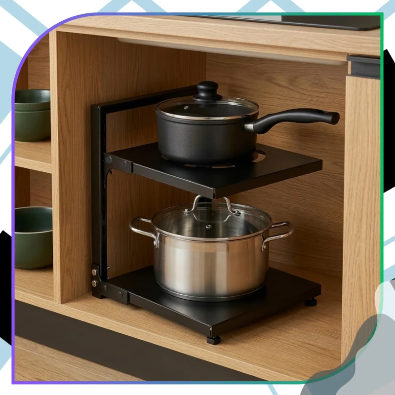 Stojak Na Garnki Dwupoziomowy Organizer Kuchenny Metalowy Czarny11.webp