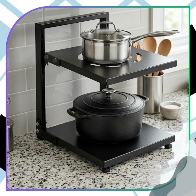 Stojak Na Garnki Dwupoziomowy Organizer Kuchenny Metalowy Czarny12.webp