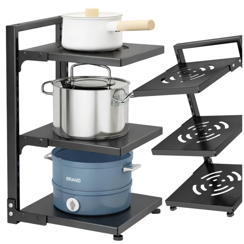 Trzypoziomowy Czarny Stojak Na Garnki Organizer Kuchenny Metalowy2.webp