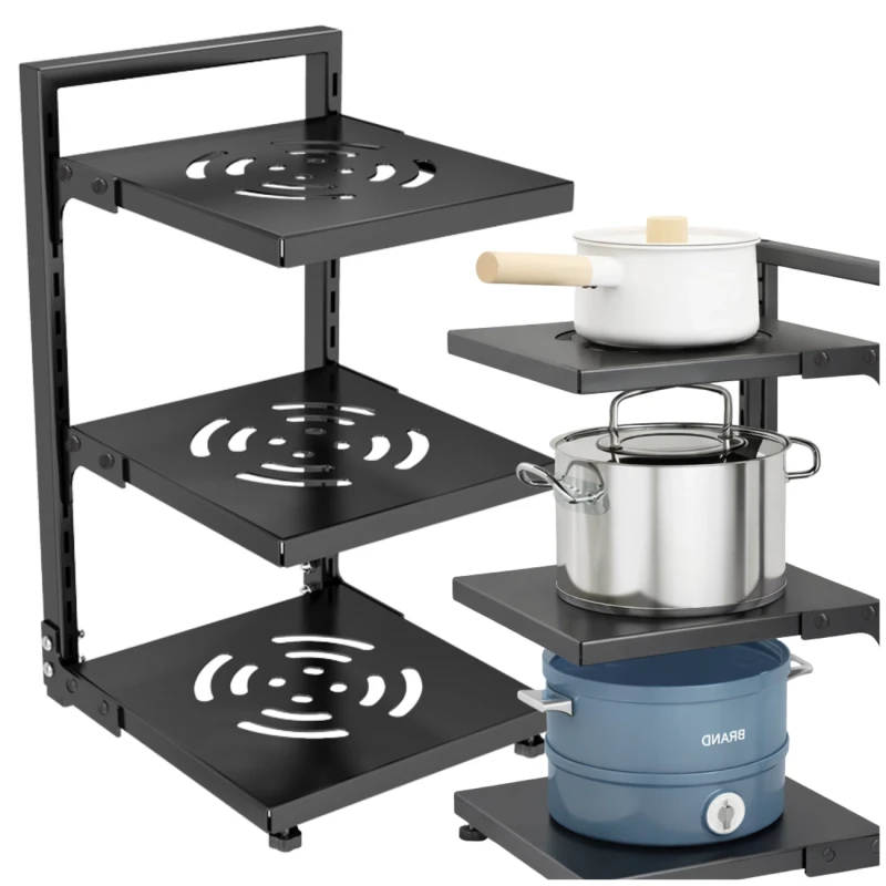 Trzypoziomowy Czarny Stojak Na Garnki Organizer Kuchenny Metalowy3.webp