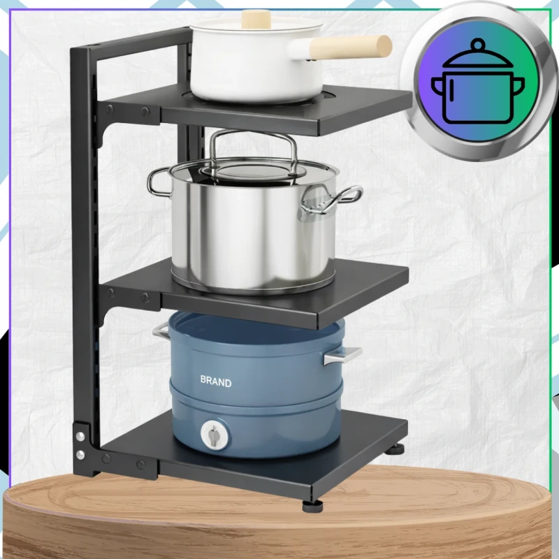Trzypoziomowy Czarny Stojak Na Garnki Organizer Kuchenny Metalowy5.webp