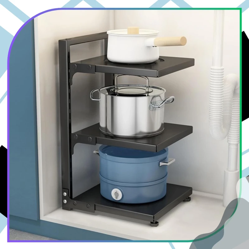 Trzypoziomowy Czarny Stojak Na Garnki Organizer Kuchenny Metalowy8.webp