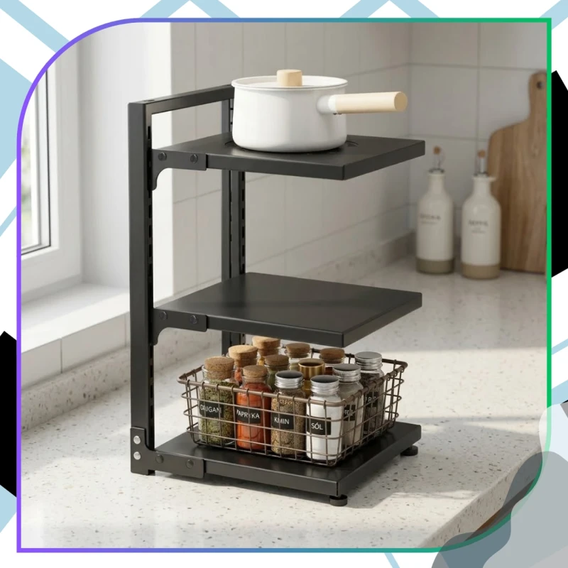 Trzypoziomowy Czarny Stojak Na Garnki Organizer Kuchenny Metalowy10.webp