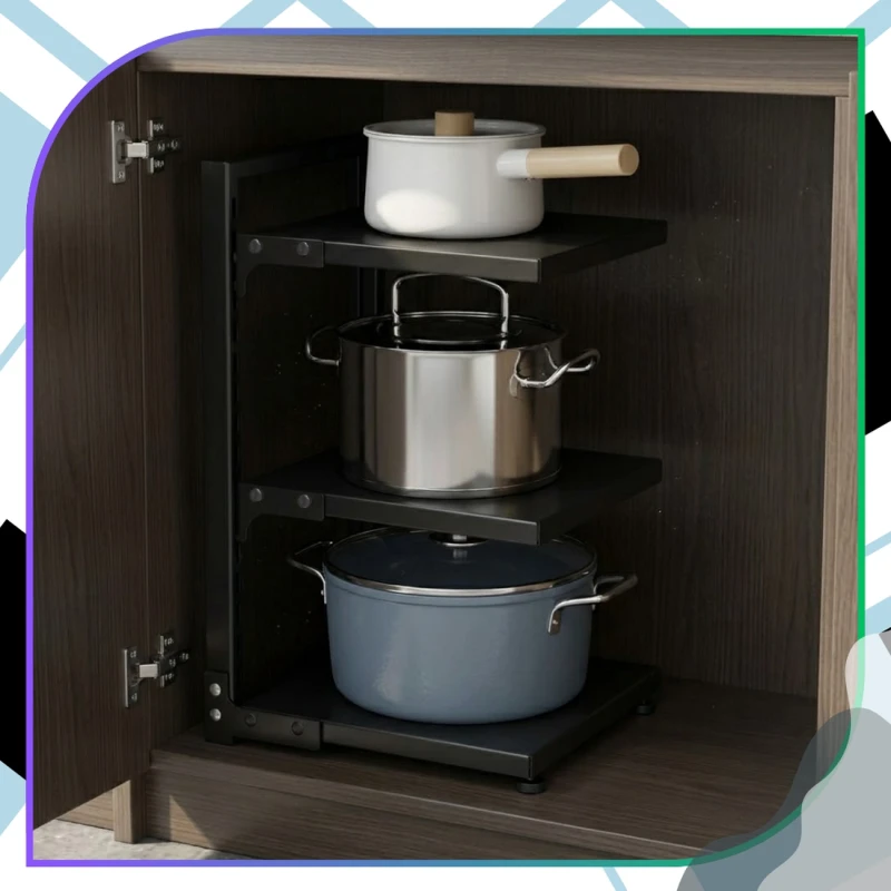 Trzypoziomowy Czarny Stojak Na Garnki Organizer Kuchenny Metalowy11.webp