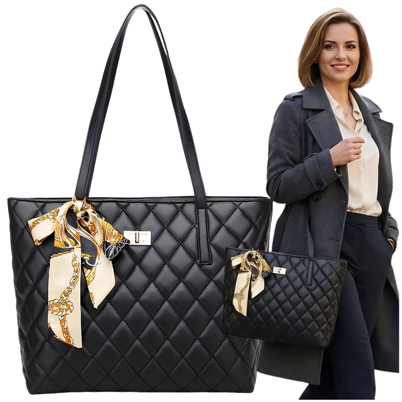 Czarna Torebka Damska Tote Pikowana Duża Pojemna Elegancka2.webp