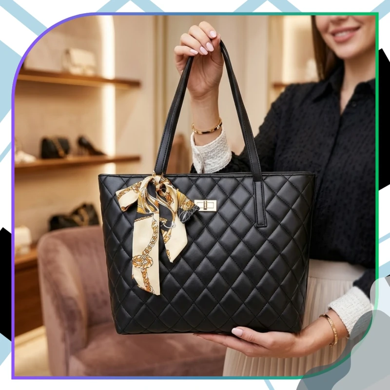 Czarna Torebka Damska Tote Pikowana Duża Pojemna Elegancka7.webp