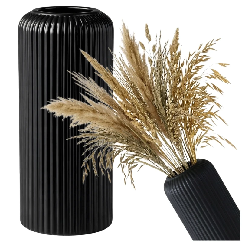 Wazon Czarny Prążkowany Elegancki W Kształcie Lampionu Dekoracja Wnętrz2.webp