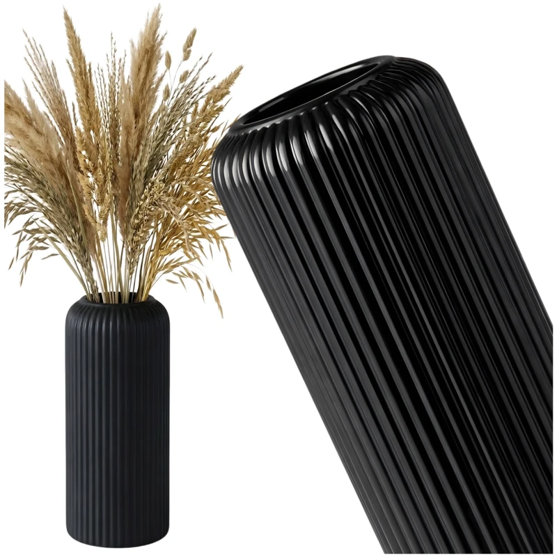 Wazon Czarny Prążkowany Elegancki W Kształcie Lampionu Dekoracja Wnętrz3.webp
