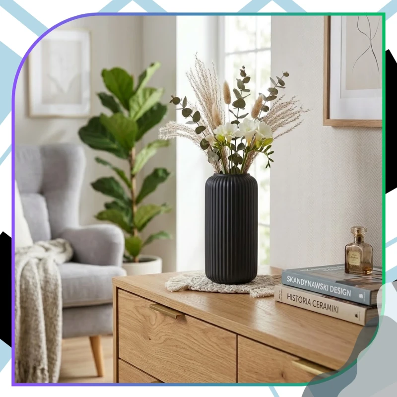 Wazon Czarny Prążkowany Elegancki W Kształcie Lampionu Dekoracja Wnętrz7.webp