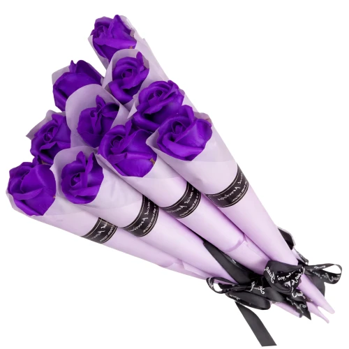 10 Róż Mydlanych Bukiet Fioletowy Prezent Elegancki 28 cm